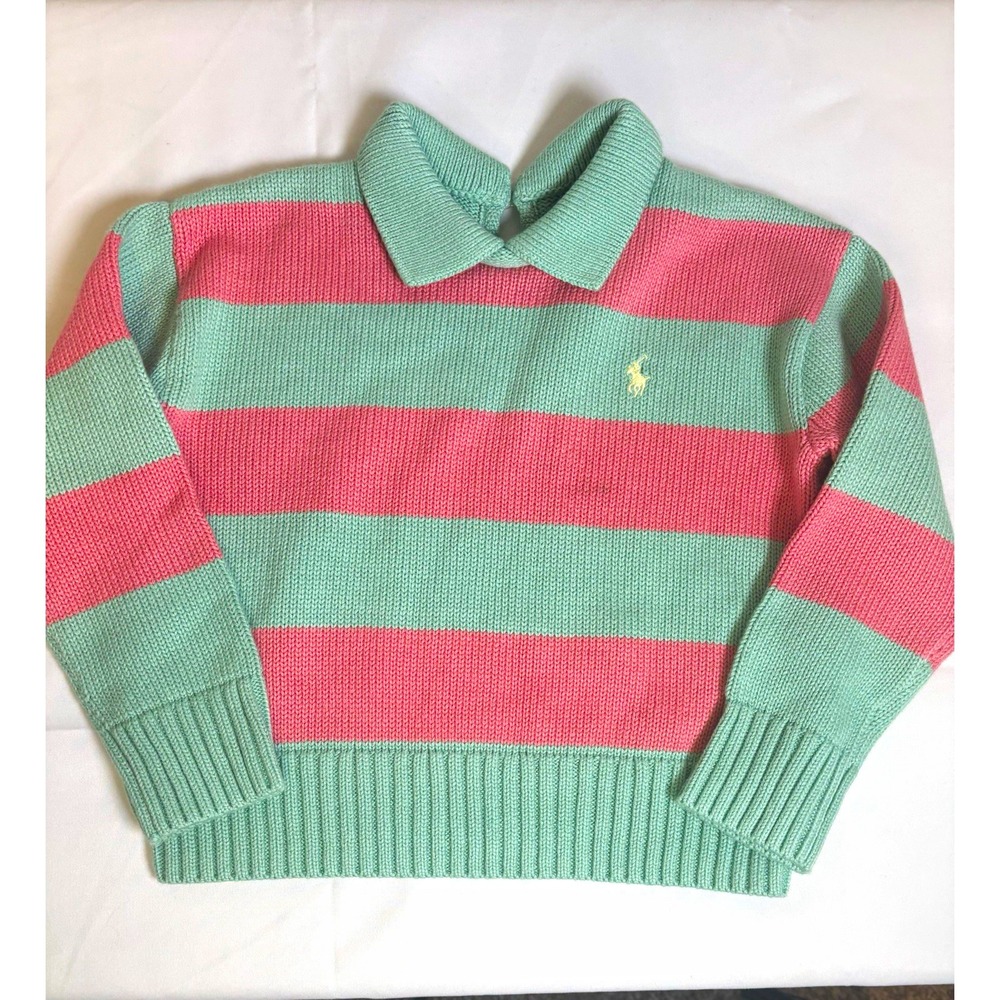 Ralph Lauren Girls Striped Collared Cotton Knit Pullover Sweater Green Pink 4